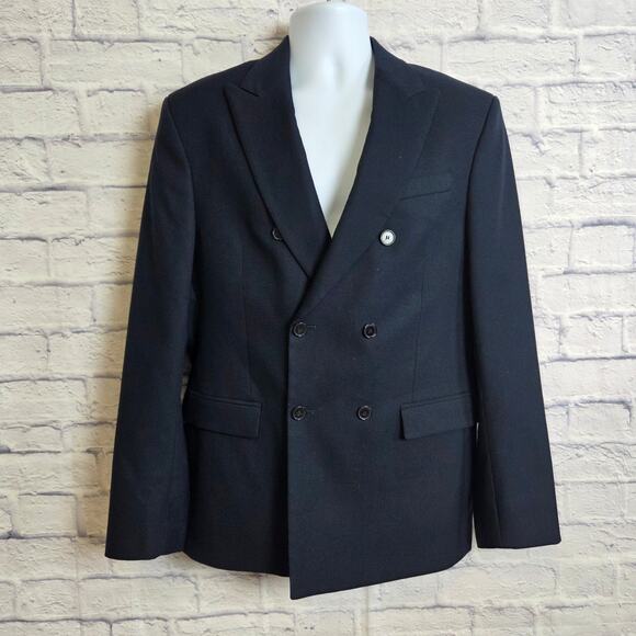 Zara Mens 42 Double Breasted Blazer Navy Blue Suit Jacket Sport Coat - Picture 2 of 13